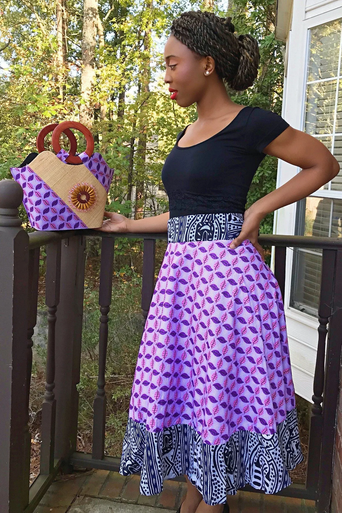 African Print Hannah 2-Seasons Midi Skirt ( Pink, Black & White)